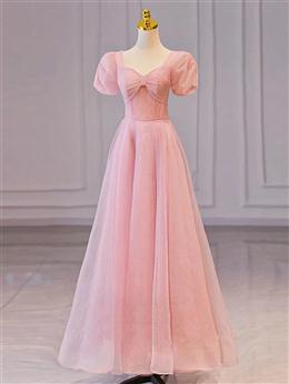 Picture of Pink Sweetheart Short Sleeves Long A-line Prom Dresses, Pink Evening Gowns